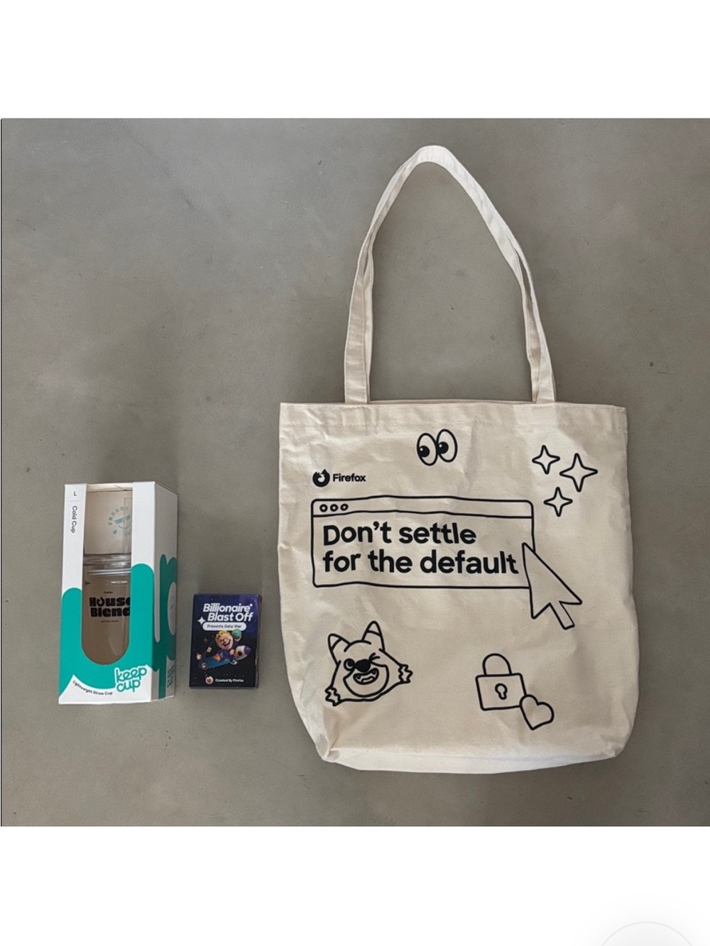 New Firefox Bundle: Tote, NIB Keep Cup Straw Clear Tumbler & Blast Off cards